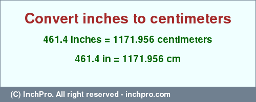 Result converting 461.4 inches to cm = 1171.956 centimeters