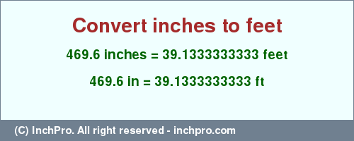 Result converting 469.6 inches to ft = 39.1333333333 feet