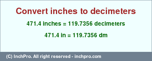 Result converting 471.4 inches to dm = 119.7356 decimeters
