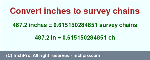487.2 inches to ch is equal to 0.615150284851 (ch) Result converting 487.2 inches to ch = 0.615150284851 survey chains