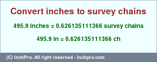 495.9 inches to ch is equal to 0.626135111366 (ch) Result converting 495.9 inches to ch = 0.626135111366 survey chains
