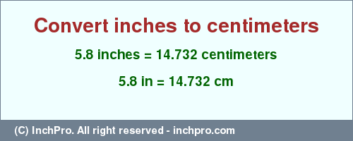 Result converting 5.8 inches to cm = 14.732 centimeters