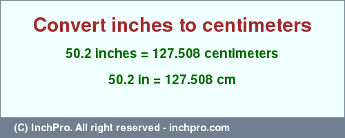 Result converting 50.2 inches to cm = 127.508 centimeters