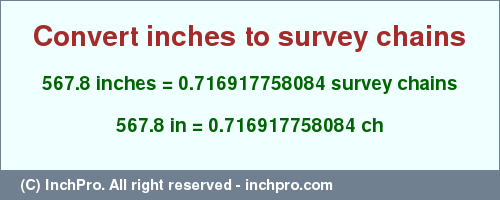 Result converting 567.8 inches to ch = 0.716917758084 survey chains