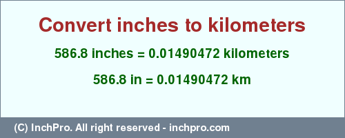 Result converting 586.8 inches to km = 0.01490472 kilometers