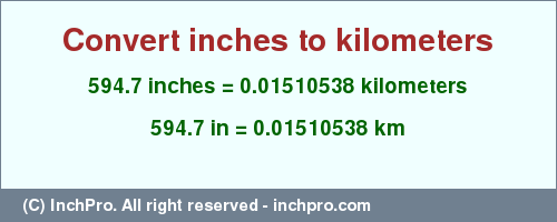 Result converting 594.7 inches to km = 0.01510538 kilometers