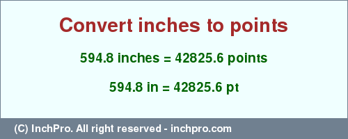 594.8 inches to pt is equal to 42825.6 (pt) Result converting 594.8 inches to pt = 42825.6 points
