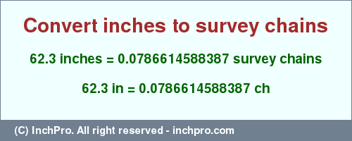 Result converting 62.3 inches to ch = 0.0786614588387 survey chains