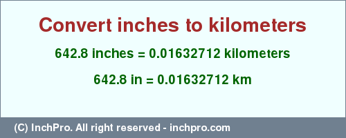 Result converting 642.8 inches to km = 0.01632712 kilometers