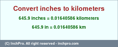 Result converting 645.9 inches to km = 0.01640586 kilometers