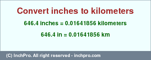 Result converting 646.4 inches to km = 0.01641856 kilometers