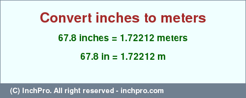 Result converting 67.8 inches to m = 1.72212 meters