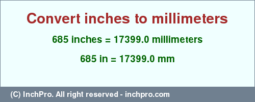 Result converting 685 inches to mm = 17399.0 millimeters