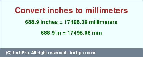 Result converting 688.9 inches to mm = 17498.06 millimeters