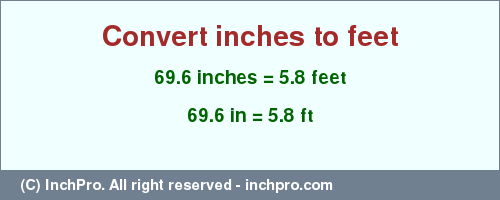 Result converting 69.6 inches to ft = 5.8 feet