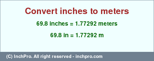 Result converting 69.8 inches to m = 1.77292 meters