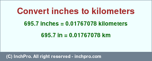 695.7 inches to km is equal to 0.01767078 (km) Result converting 695.7 inches to km = 0.01767078 kilometers