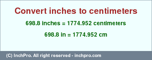 Result converting 698.8 inches to cm = 1774.952 centimeters