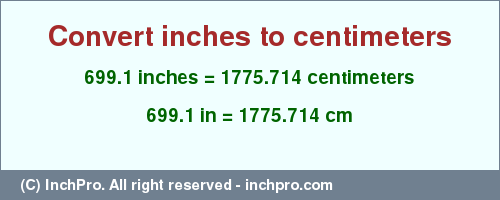 Result converting 699.1 inches to cm = 1775.714 centimeters