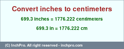 Result converting 699.3 inches to cm = 1776.222 centimeters