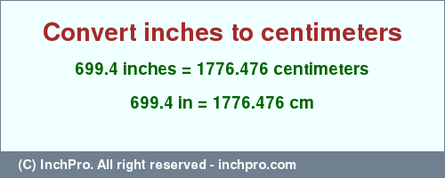 Result converting 699.4 inches to cm = 1776.476 centimeters