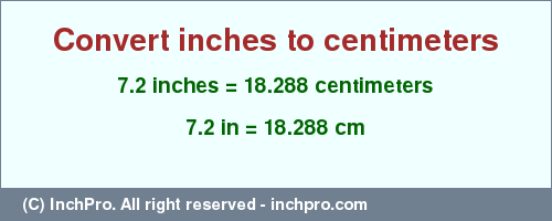 Result converting 7.2 inches to cm = 18.288 centimeters