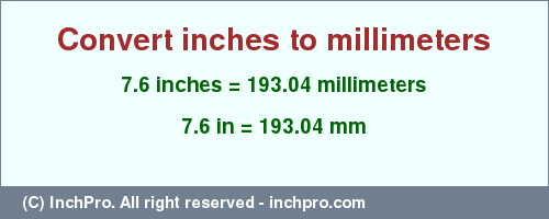 Result converting 7.6 inches to mm = 193.04 millimeters