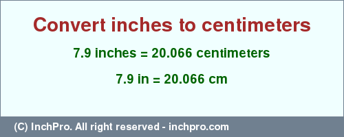 Result converting 7.9 inches to cm = 20.066 centimeters