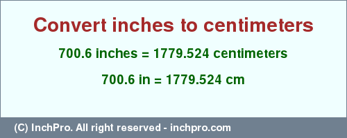 Result converting 700.6 inches to cm = 1779.524 centimeters