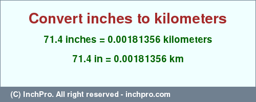 Result converting 71.4 inches to km = 0.00181356 kilometers