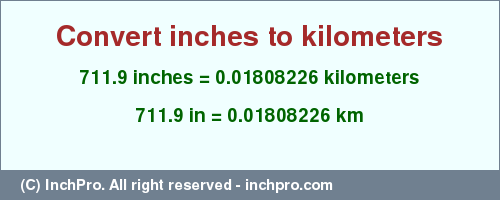 Result converting 711.9 inches to km = 0.01808226 kilometers