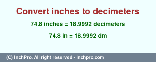 Result converting 74.8 inches to dm = 18.9992 decimeters