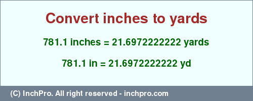 Result converting 781.1 inches to yd = 21.6972222222 yards
