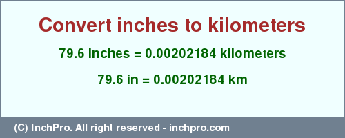 Result converting 79.6 inches to km = 0.00202184 kilometers