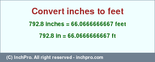 Result converting 792.8 inches to ft = 66.0666666667 feet