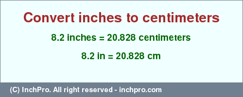Result converting 8.2 inches to cm = 20.828 centimeters
