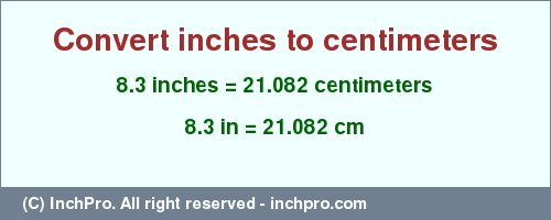 Result converting 8.3 inches to cm = 21.082 centimeters
