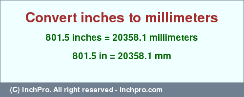 Result converting 801.5 inches to mm = 20358.1 millimeters