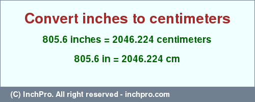 Result converting 805.6 inches to cm = 2046.224 centimeters