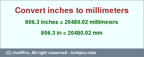 Result converting 806.3 inches to mm = 20480.02 millimeters