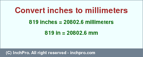 Result converting 819 inches to mm = 20802.6 millimeters
