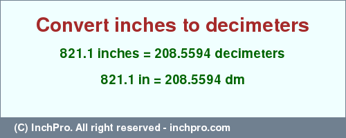 Result converting 821.1 inches to dm = 208.5594 decimeters