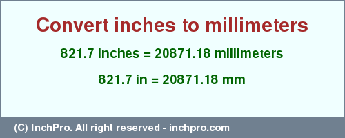 Result converting 821.7 inches to mm = 20871.18 millimeters