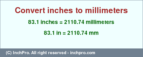 Result converting 83.1 inches to mm = 2110.74 millimeters