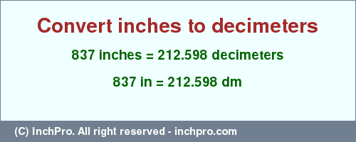 Result converting 837 inches to dm = 212.598 decimeters