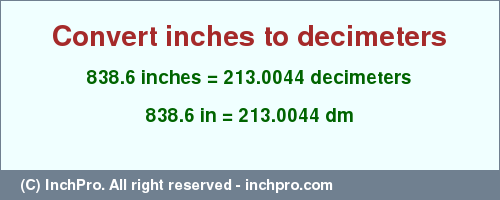 Result converting 838.6 inches to dm = 213.0044 decimeters