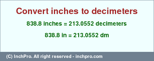 Result converting 838.8 inches to dm = 213.0552 decimeters