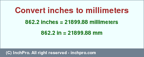 Result converting 862.2 inches to mm = 21899.88 millimeters