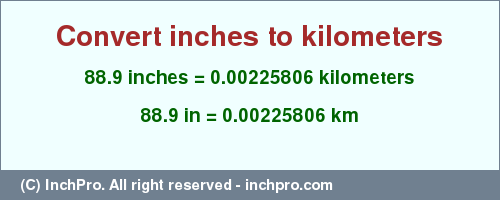 Result converting 88.9 inches to km = 0.00225806 kilometers