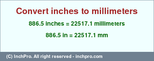 Result converting 886.5 inches to mm = 22517.1 millimeters